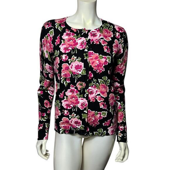 August Silk Heritage Floral Cardigan Black Pink Rose Sweater Knit Button Up - Picture 1 of 7